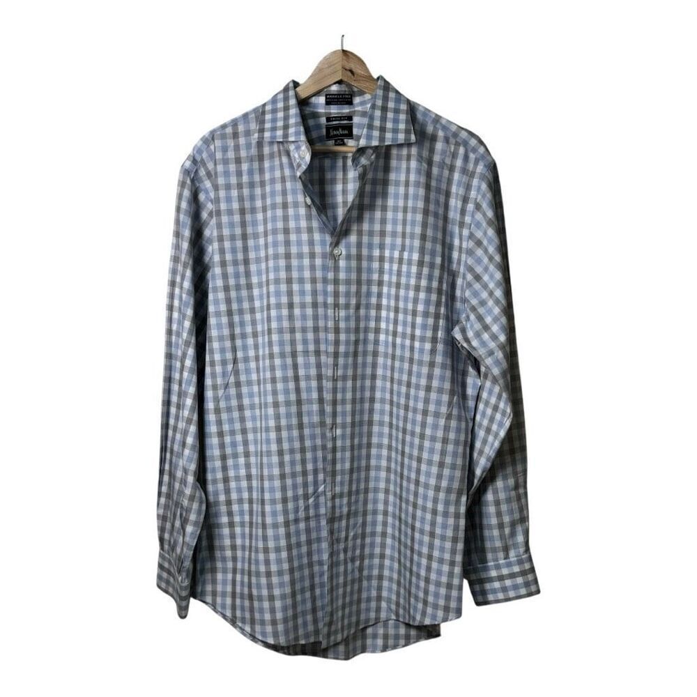 Neiman Marcus Trim Fit Shirt Mens 16.5 34/35 white blue grey Check Button Up Wr